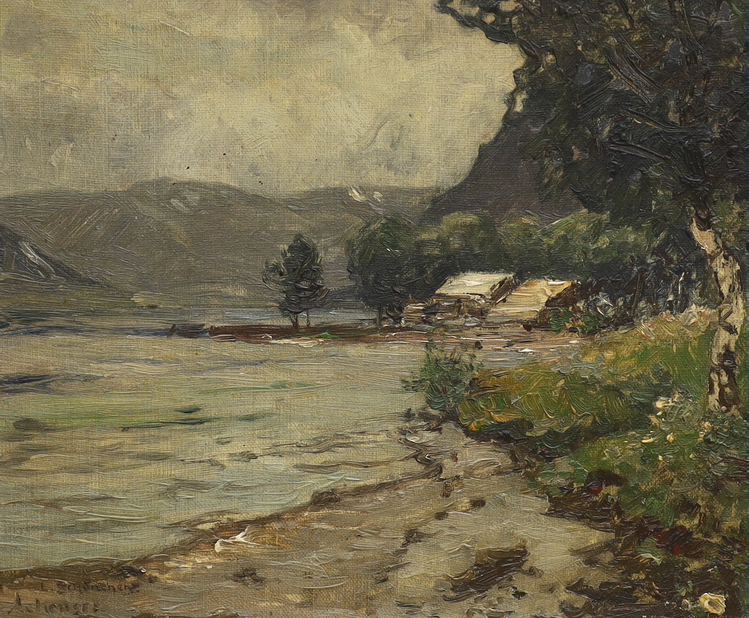 Early 20th century Continental School, oil on board, Mountainous river landscape, indistinctly signed and inscribed verso, Pottsdam?, 29 x 25cm